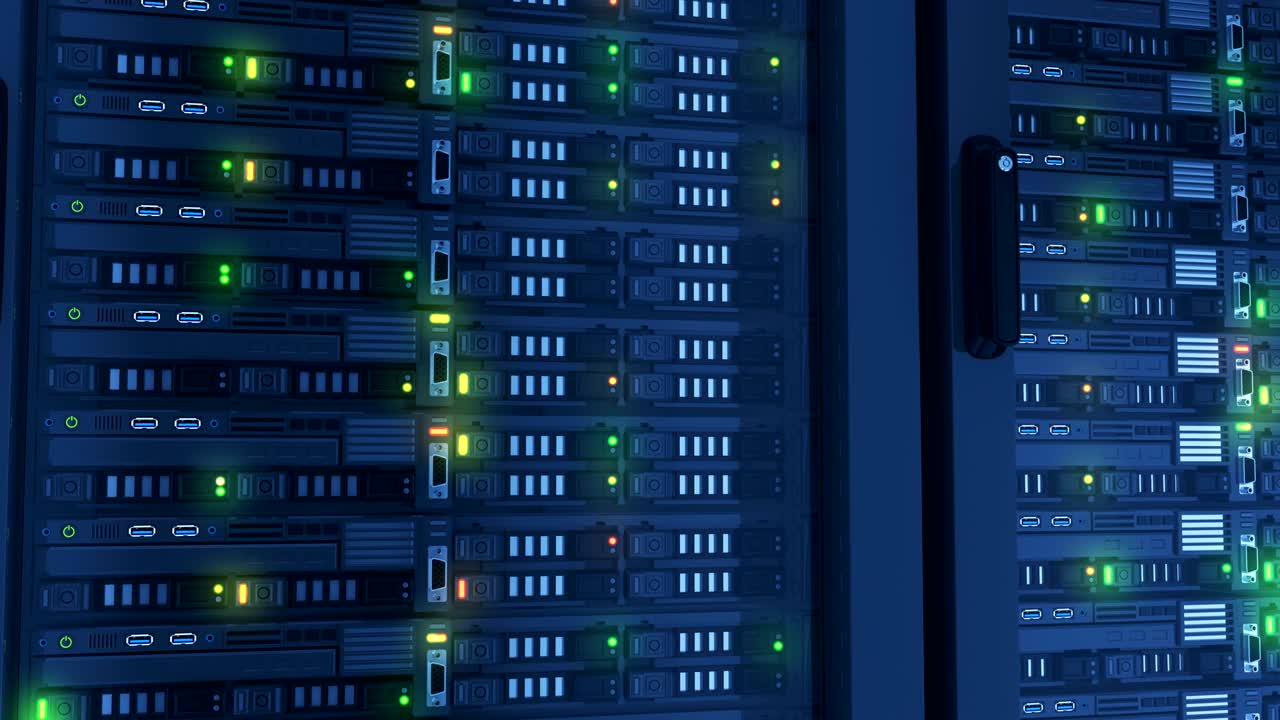 luces intermitentes en servidores de trabajo de primer plano en el centro de datos moderno. almacenamiento de datos de computación en la nube. renderización 3d pesada. animación 3d en bucle.