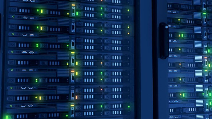 Flashing Lights on Working Servers Close-up in Modern Data Center. Cloud Computing Data Storage. Heavy 3d Rendering. Looped 3d animation.