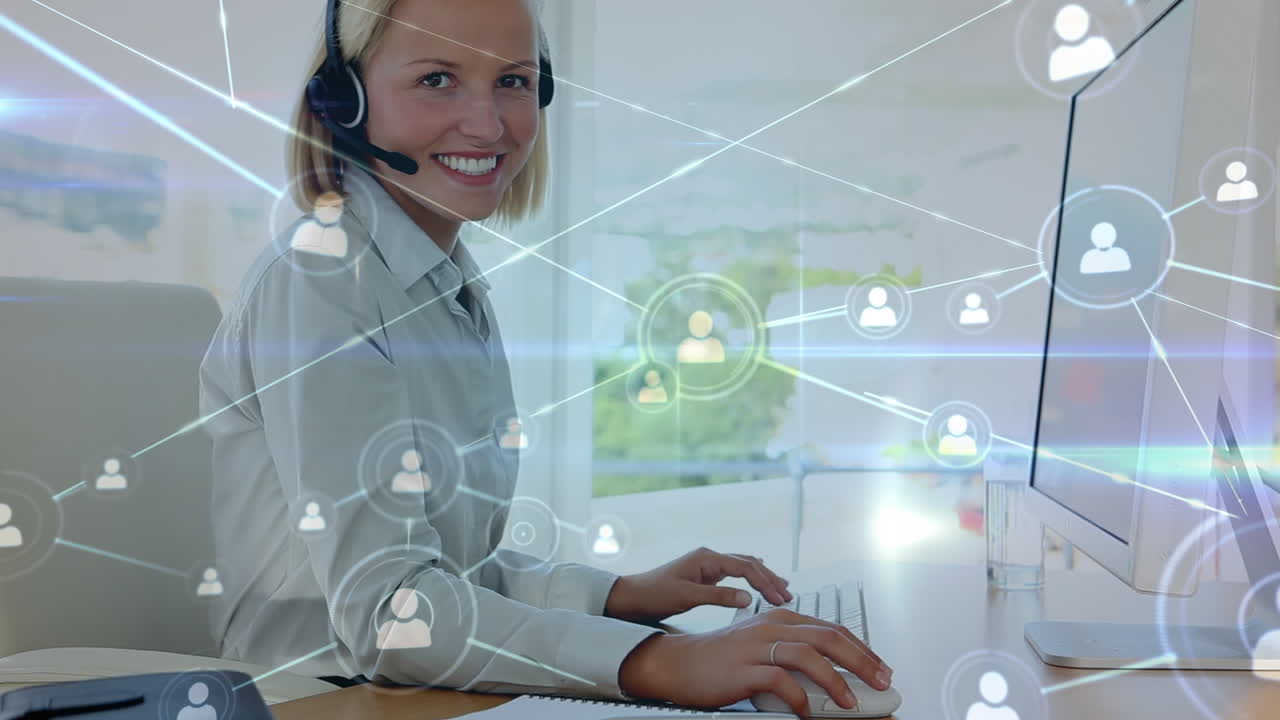 animación de la red de conexiones sobre la mujer de negocios caucásica en la oficina