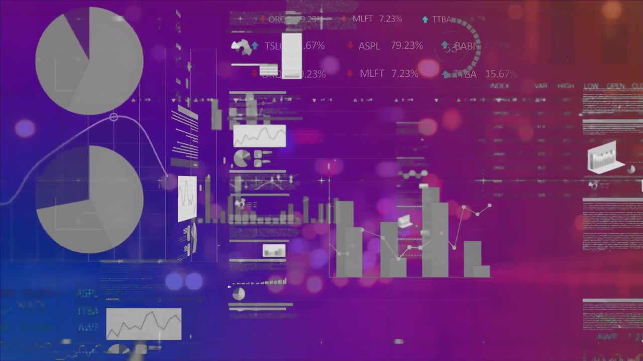 animación de diversos datos y gráficos de procesamiento en una pantalla digital púrpura.
