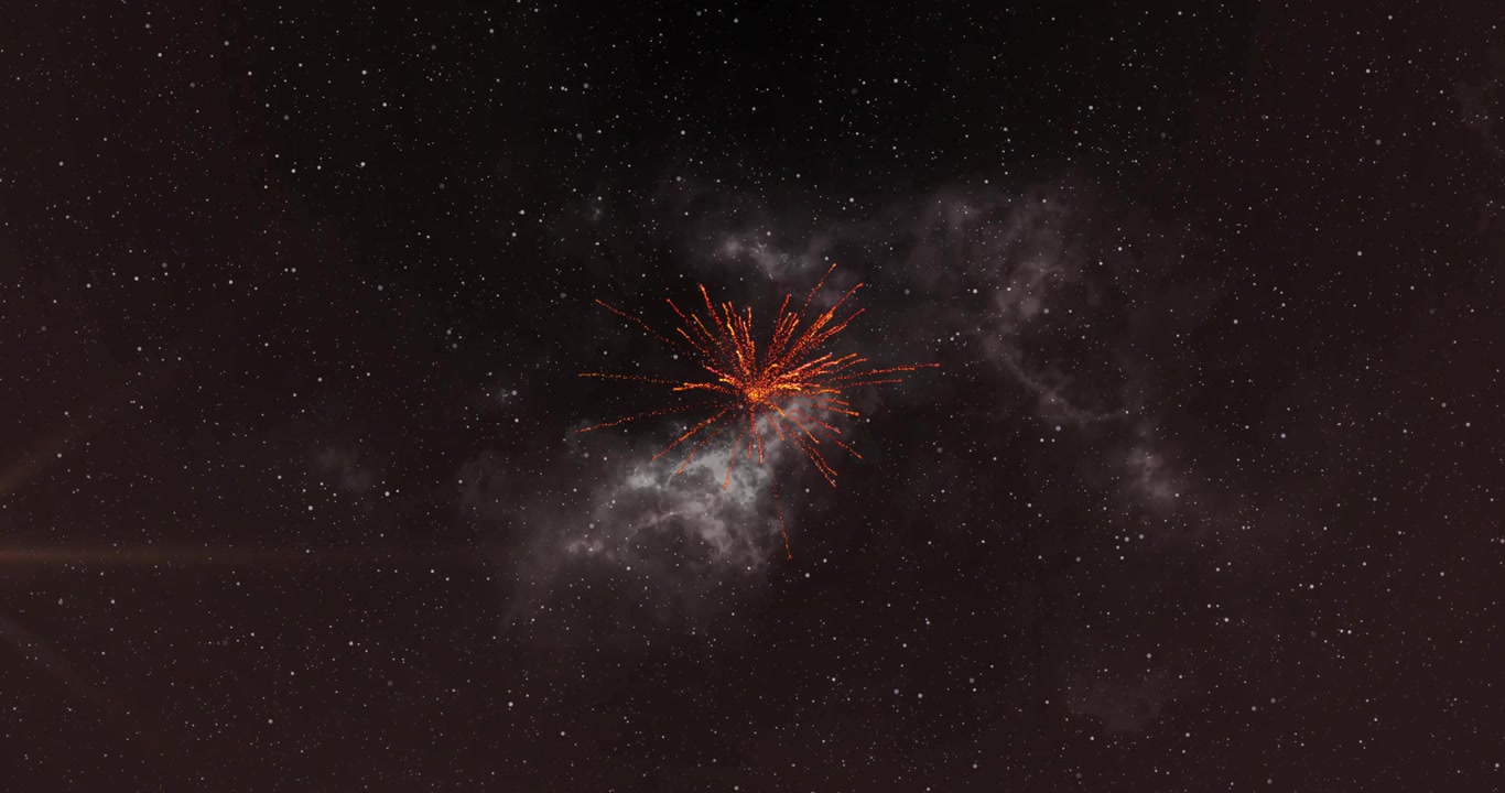 Gnister bryder ud og antænder tåge, sender drivende striber, linselys glider, viser kosmisk energi.