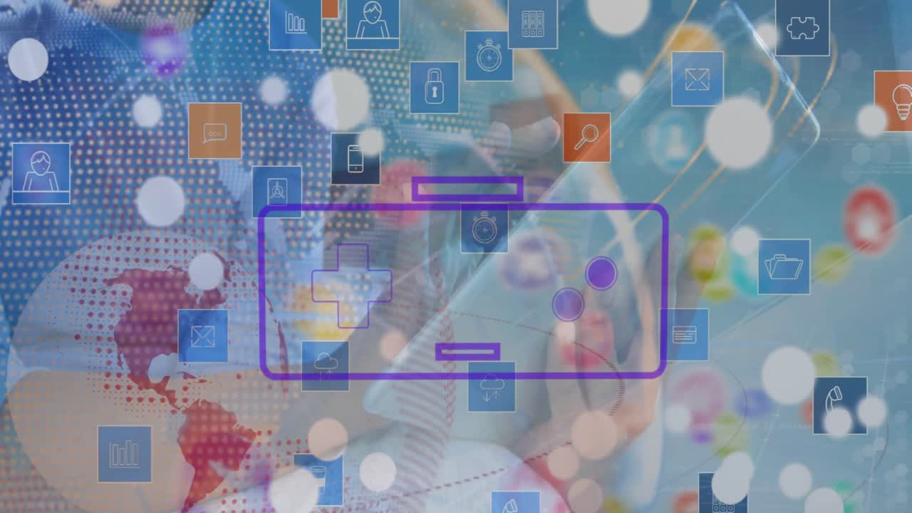 디지털 태블릿을 사용하는 백인 남자의 절단된 손에 있는 글로브, 게임 콘솔 및 아이콘의 애니메이션