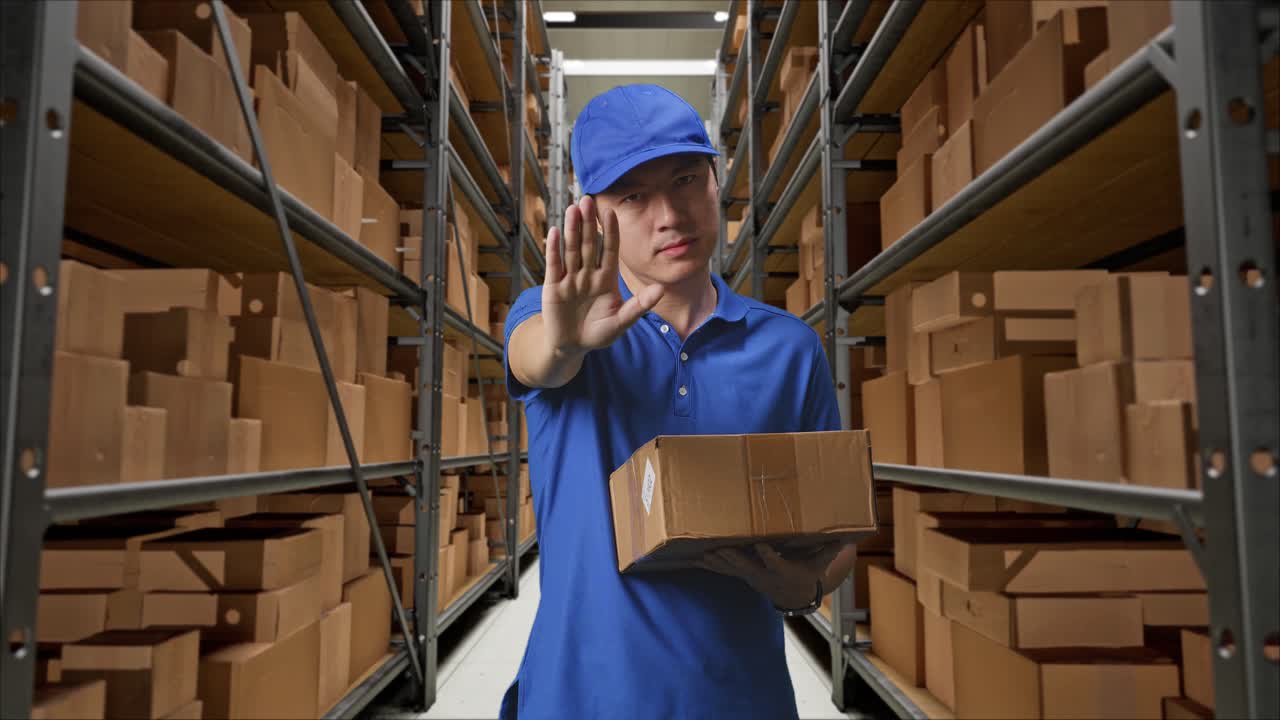 mensajero masculino asiático en uniforme azul haciendo un gesto de parada y sacudiendo la cabeza mientras entrega un cartón en el almacén