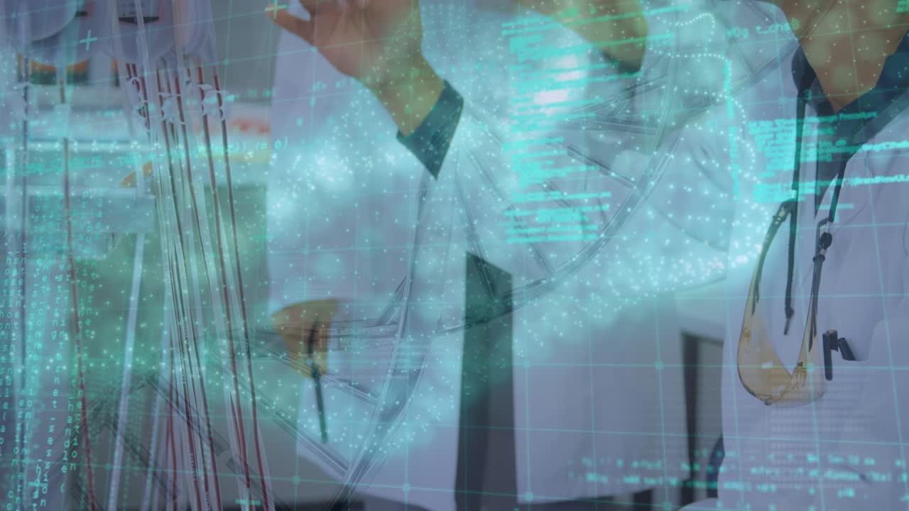 실험실에서 다양한 과학자들에 대한 dna  ⁇ 의 애니메이션과 데이터 처리