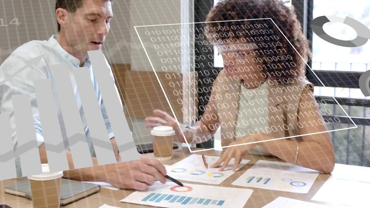 Vertical video: Man gesturing causing AR data shifting to bars as woman analyzing business chart