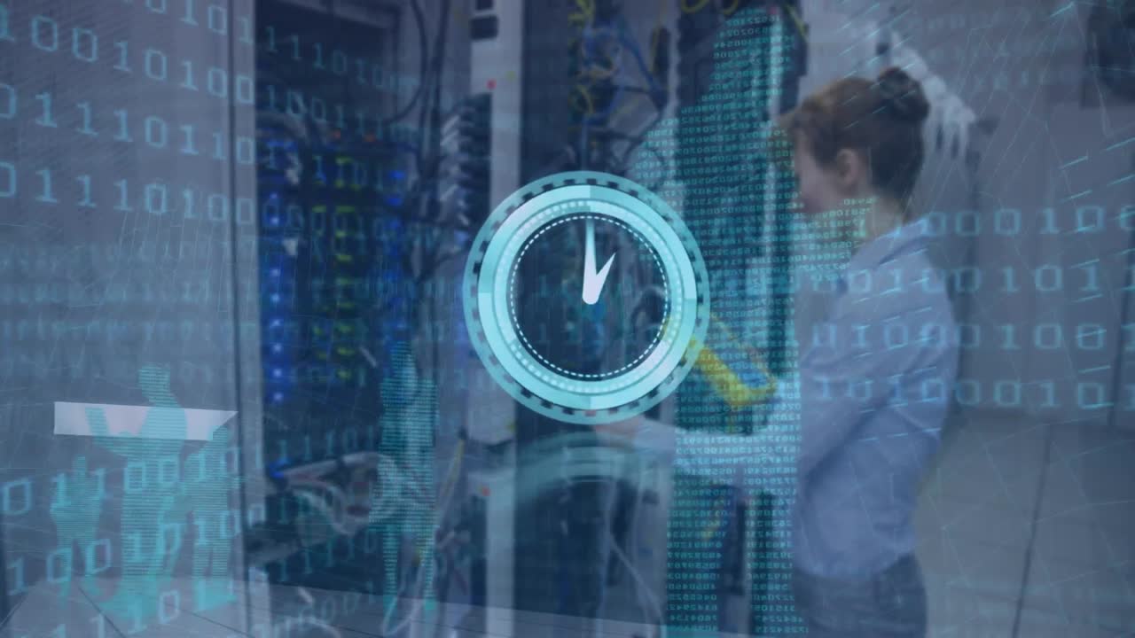 Animation of moving clock and binary coding over caucasian woman in server room