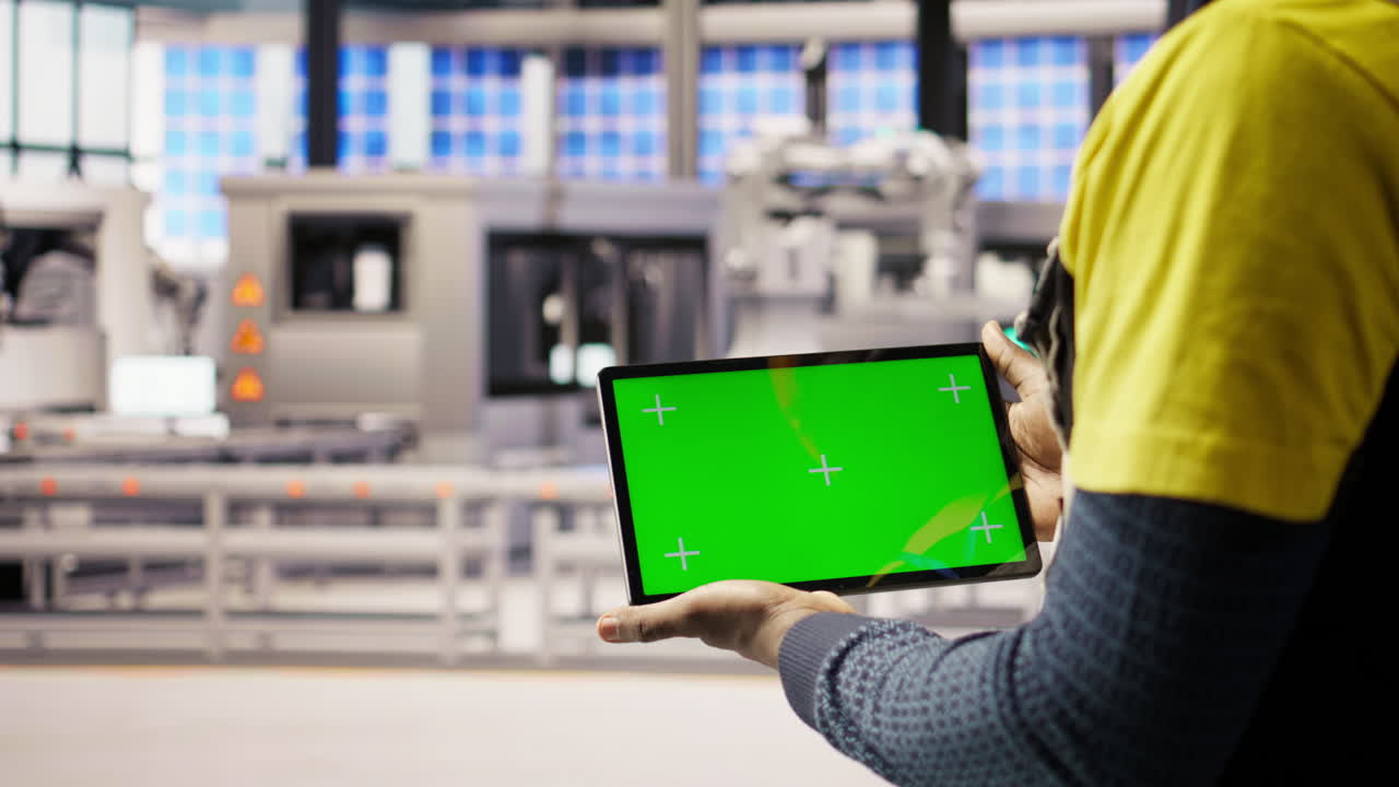 Vertical video Solar panels plant technician uses green screen tablet to oversee systems