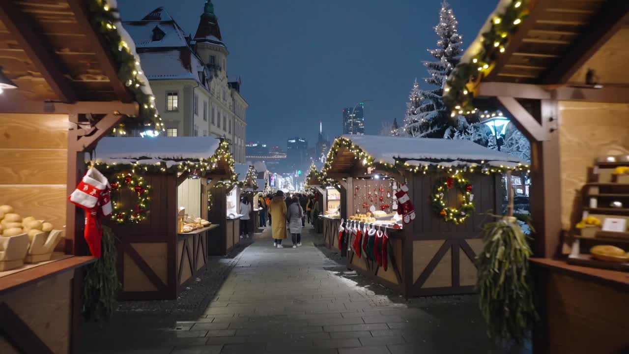 Dolly tracking camera after opening in Christmas market, showing shoppers browsing wooden stalls