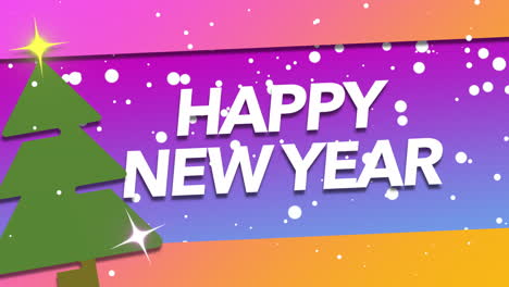 happy new year and fly snow and green christmas tree with gift box