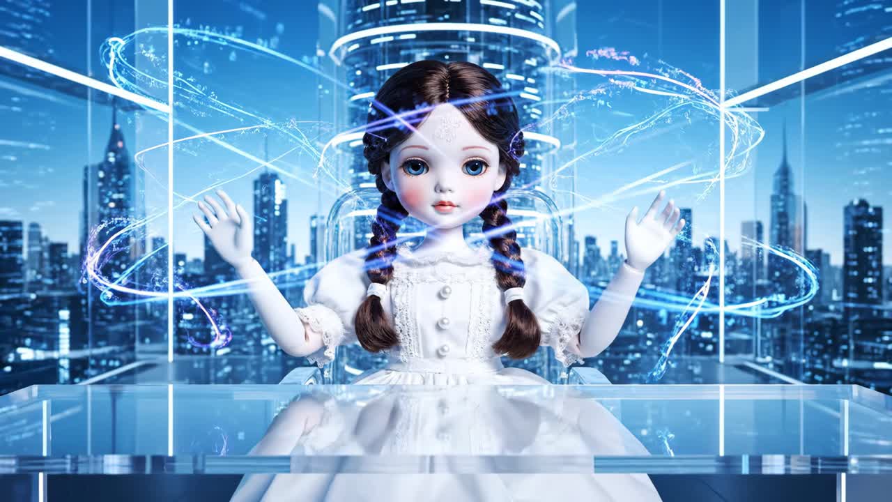 Futuristic AI Doll in a Cityscape