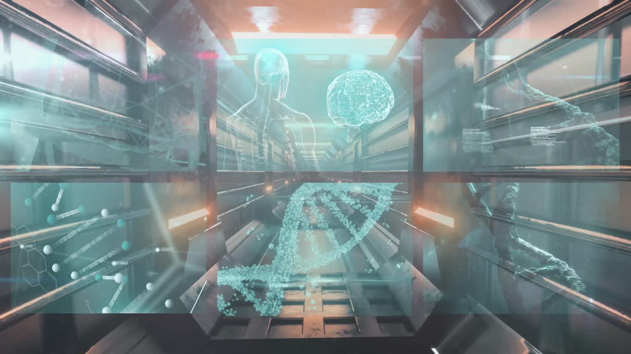 인터페이스 화면에 뇌와 함께 dna, 뇌 및 의료 데이터 처리의 애니메이션.