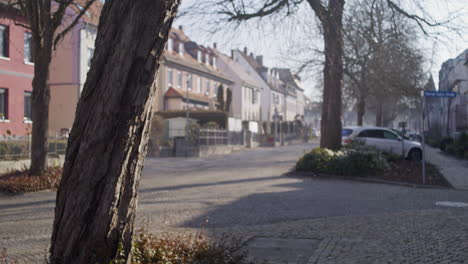 wide shot of a cobblestone street in a small german town