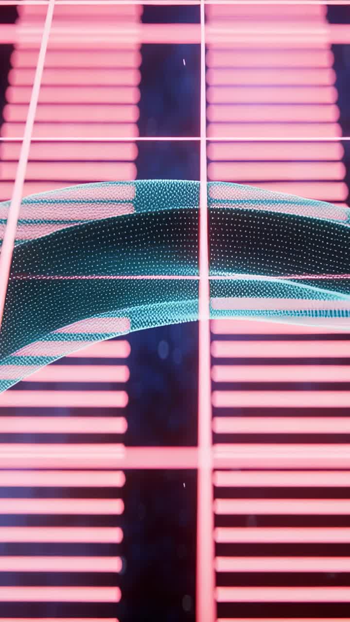 Vertical video: Entering from left turquoise dotted ribbon undulating across neon pink slatted grid