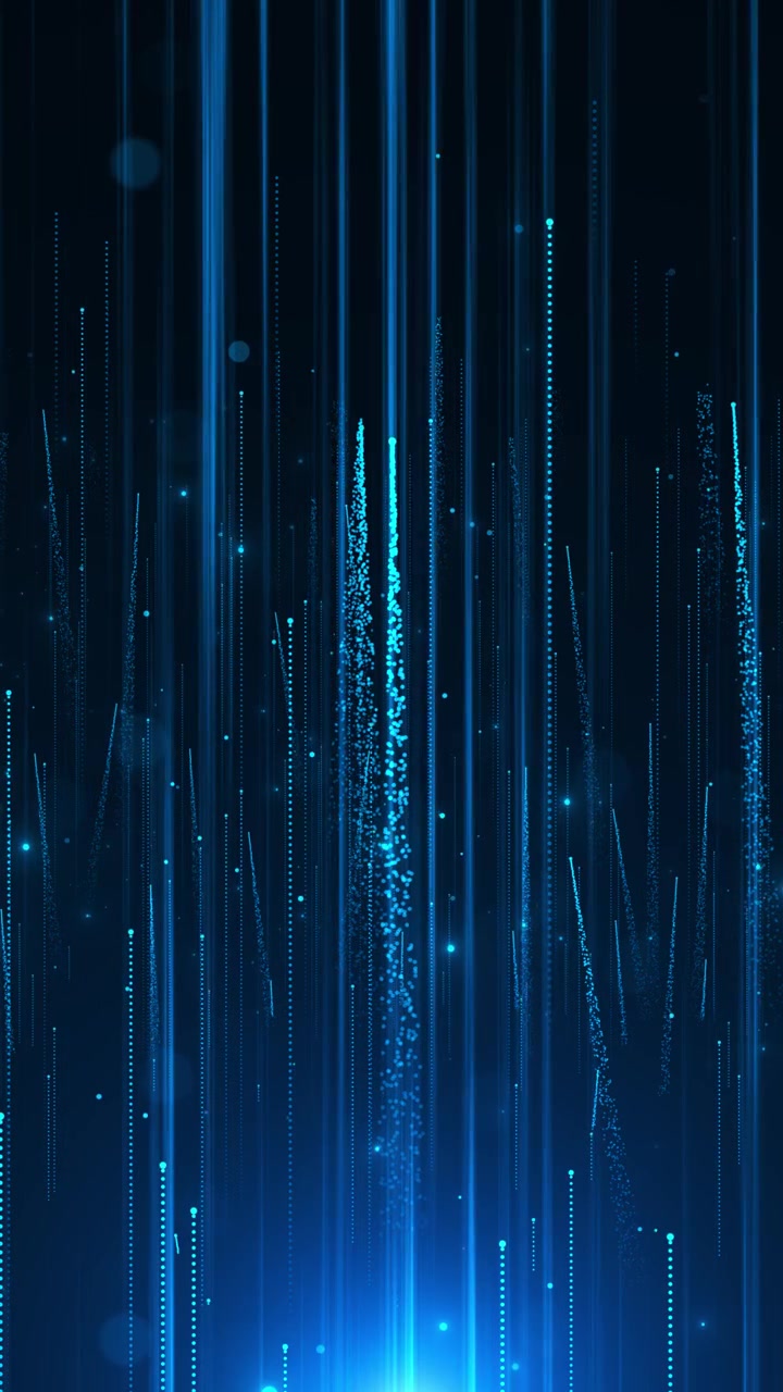 Cyber blue falling lines with digital particles dark technology depth and glowing vertical streams