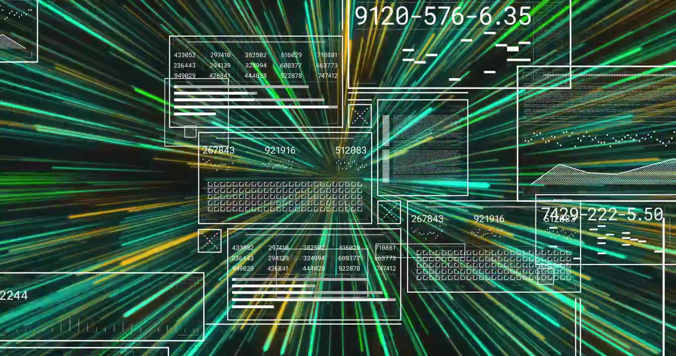 Green center pulse starting tunnel while wireframe cluster filling numeric grids, visualizing data