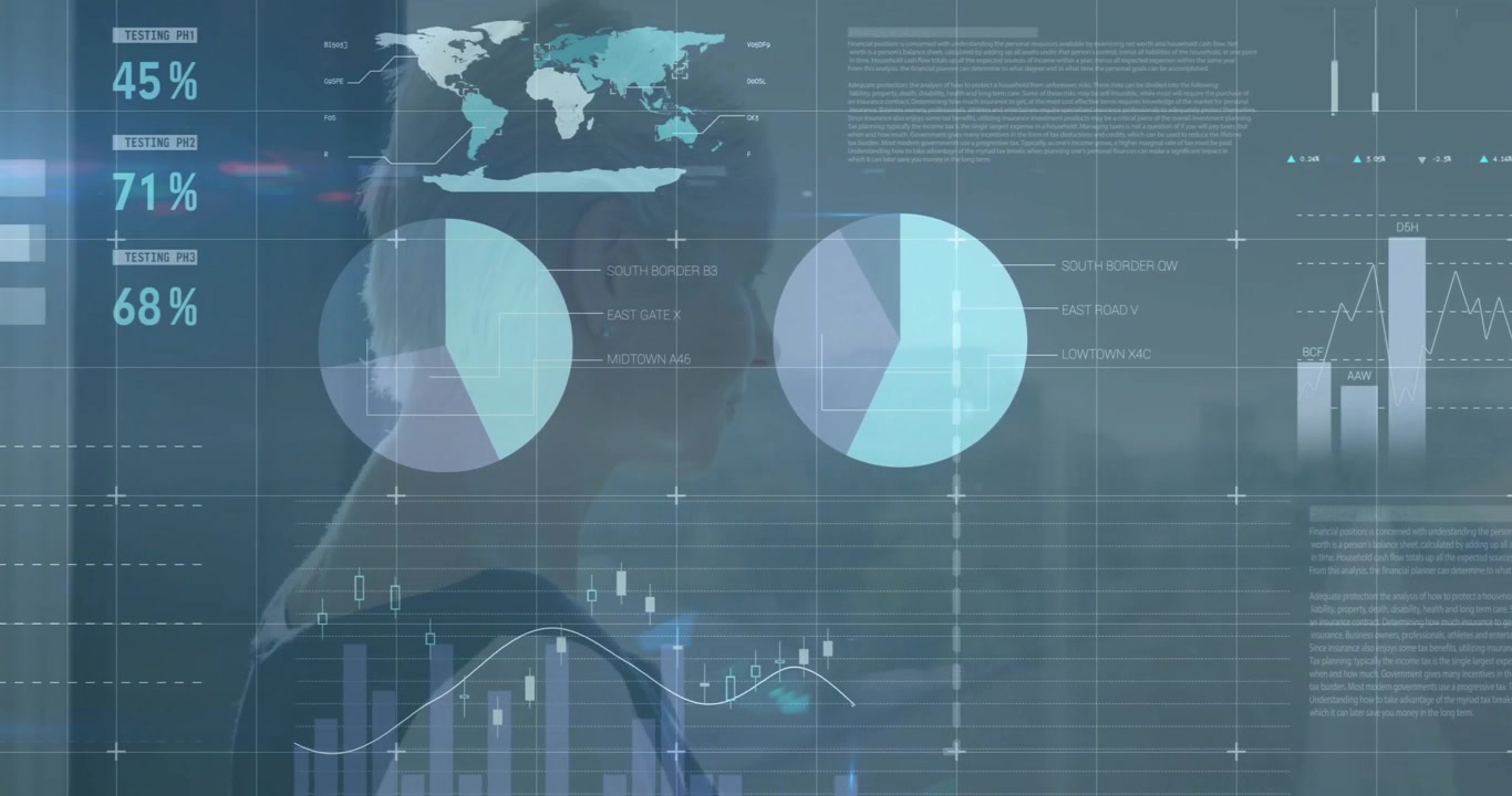 Animation of financial data processing over caucasian businesswoman looking through window