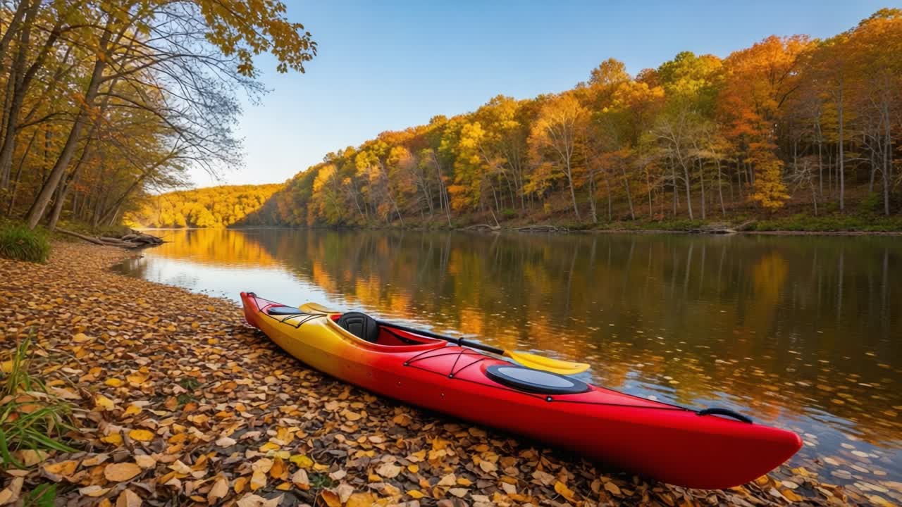 A Serene Autumn Scene: A Bright Red Kayak Resting on a Leaf-Strewn Shoreline by a Calm Reflective River Surrounded by Vibrant Fall Foliage and Tranquil Waters