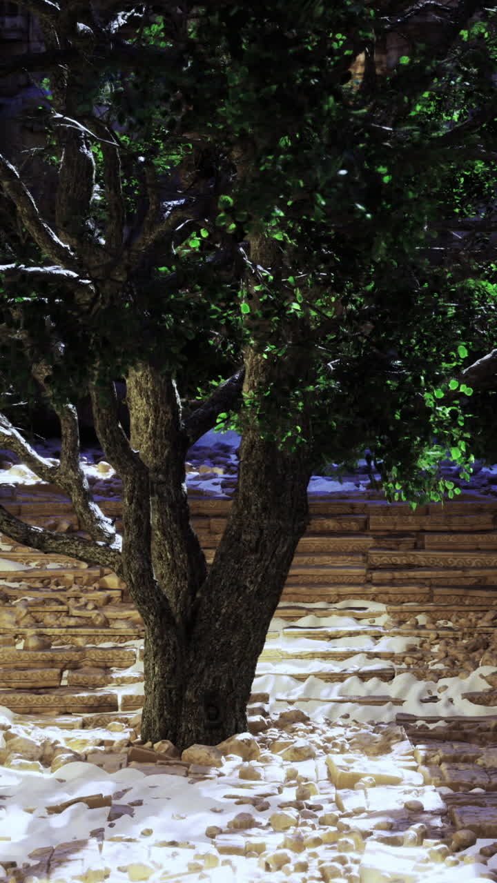 Lush tree surrounded by ancient stone ruins in a quiet garden setting