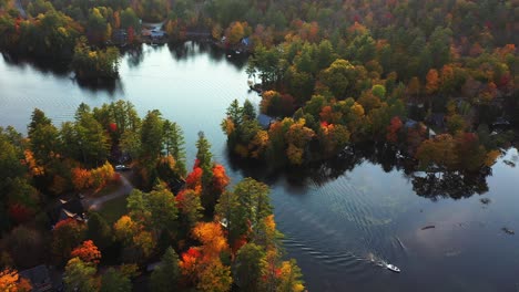 aerial view of boat on lake and serene landscape on autumn afternoon