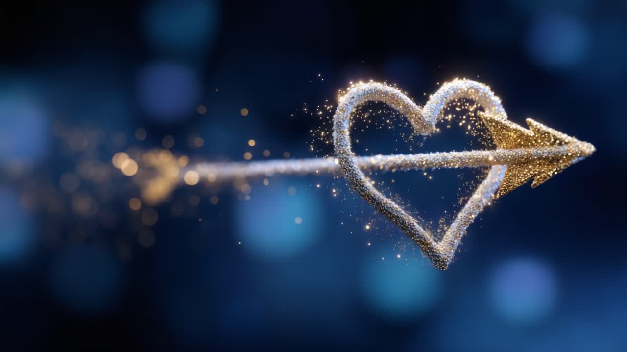 En fantastisk visuell fremstilling av et glitrende hjerte med en pil, som symboliserer kjærlighet og forbindelse, omgitt av en drømmende blå bakgrunn fylt med glitrende lys