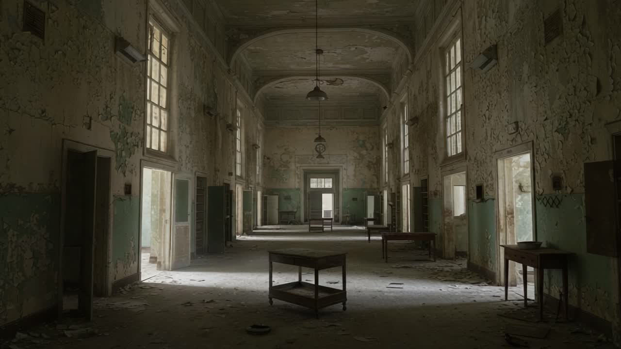 Abandoned Interior of a Derelict Building Showcases Faded Walls and Dusty Floors, Evoking a Sense of Mystery and Forgotten History in a Large Open Space