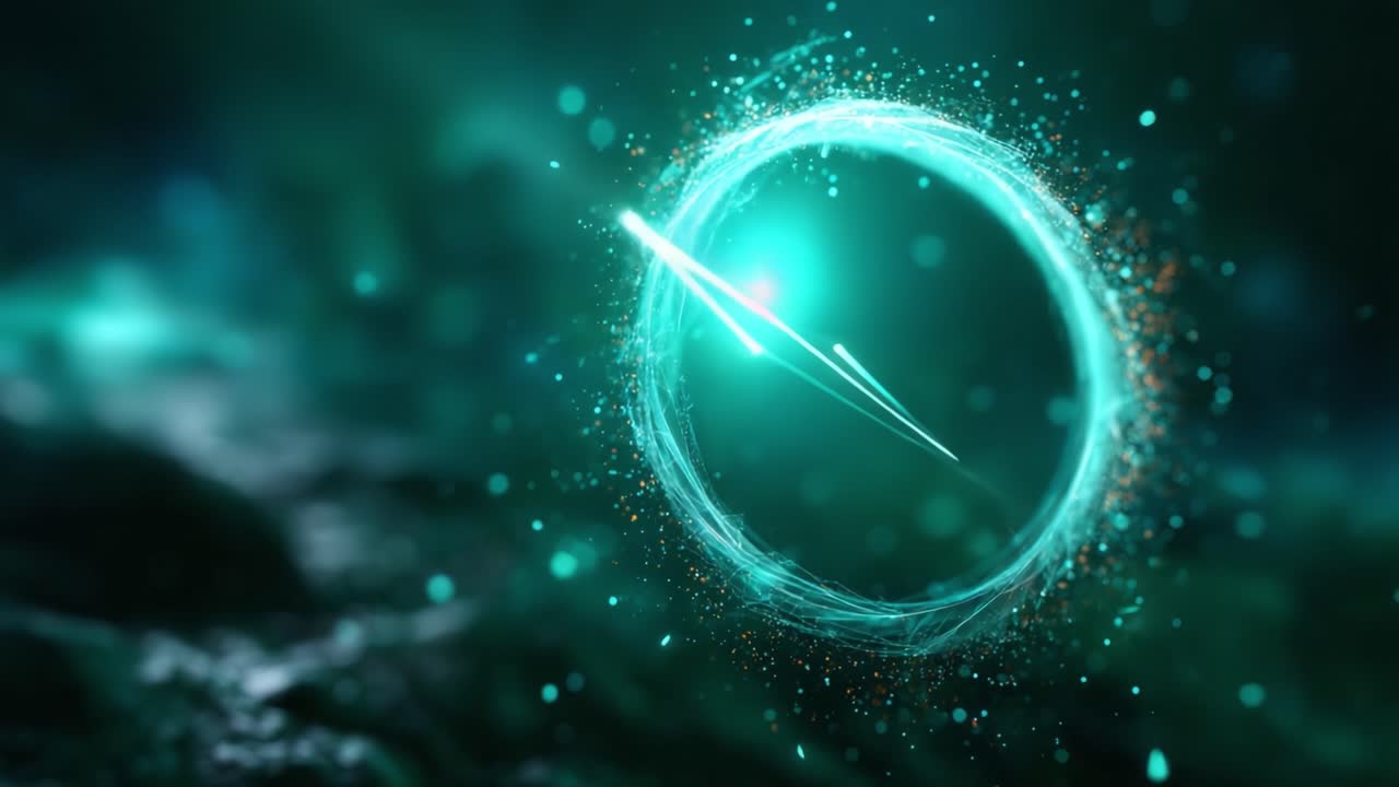 Eine faszinierende visuelle Darstellung eines dynamischen, kreisförmigen Energiefelds, das leuchtende Partikel und Lichteffekte zeigt und so ein Gefühl von Bewegung und Tiefe erzeugt