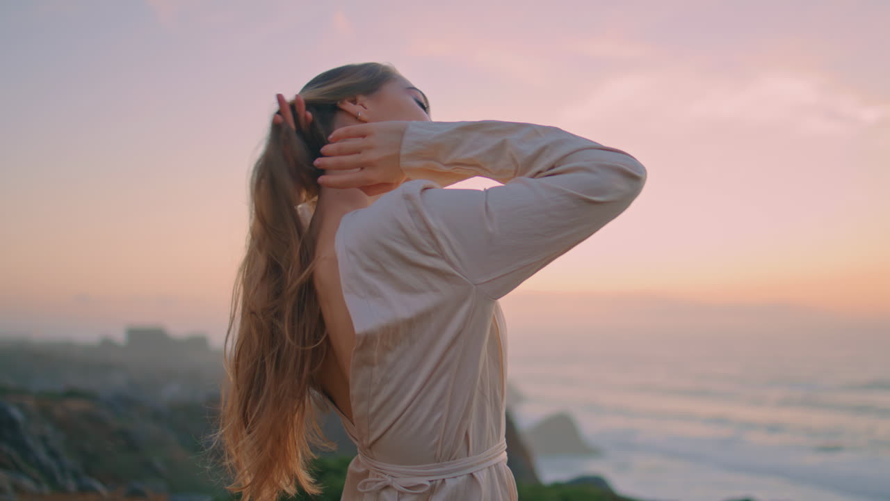 Gentle model walking sea landscape closeup. Romantic lady looking camera posing