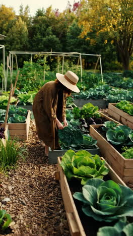 person harvesting fresh cabbage from raised garden beds