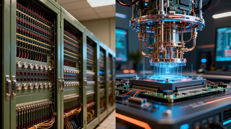 Blinking rack LEDs powering equipment room and pulsing chip probe calibrating bench with blue field