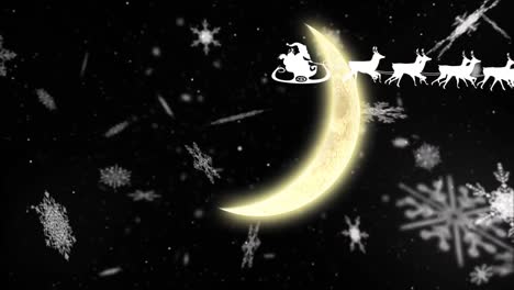 Animation-Des-Weihnachtsmanns-Im-Schlitten-Mit-Rentieren-über-Dem-Mond-Und-Fallendem-Schnee
