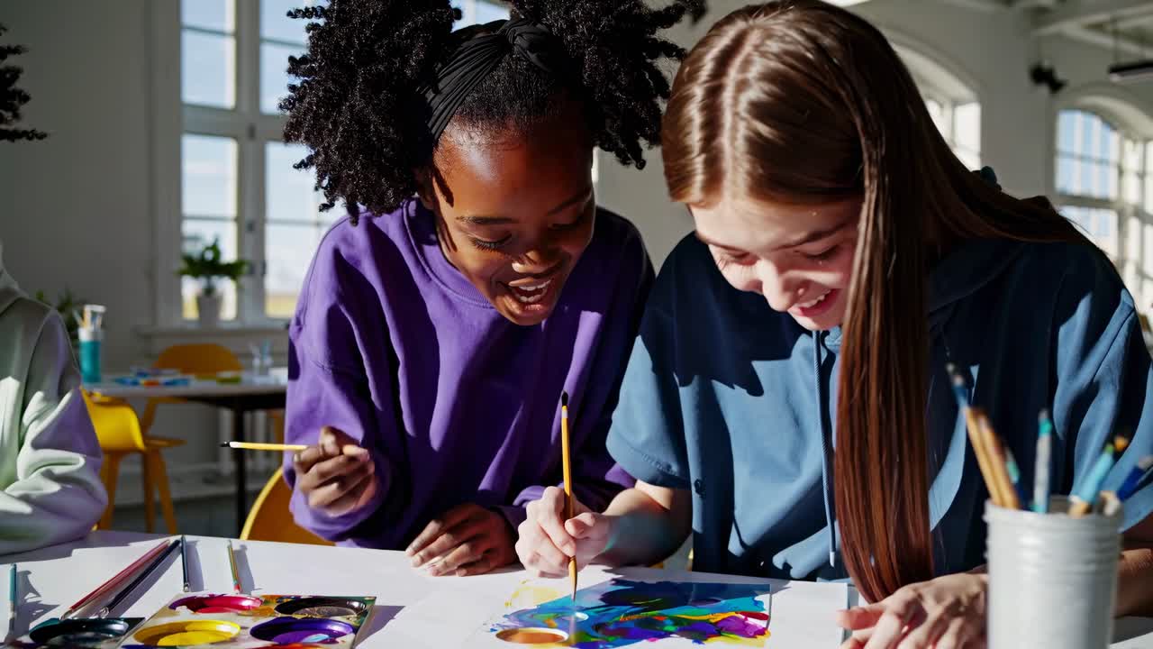 Overhead video angle of two girls painting with watercolors in a sunlit room, capturing creativity