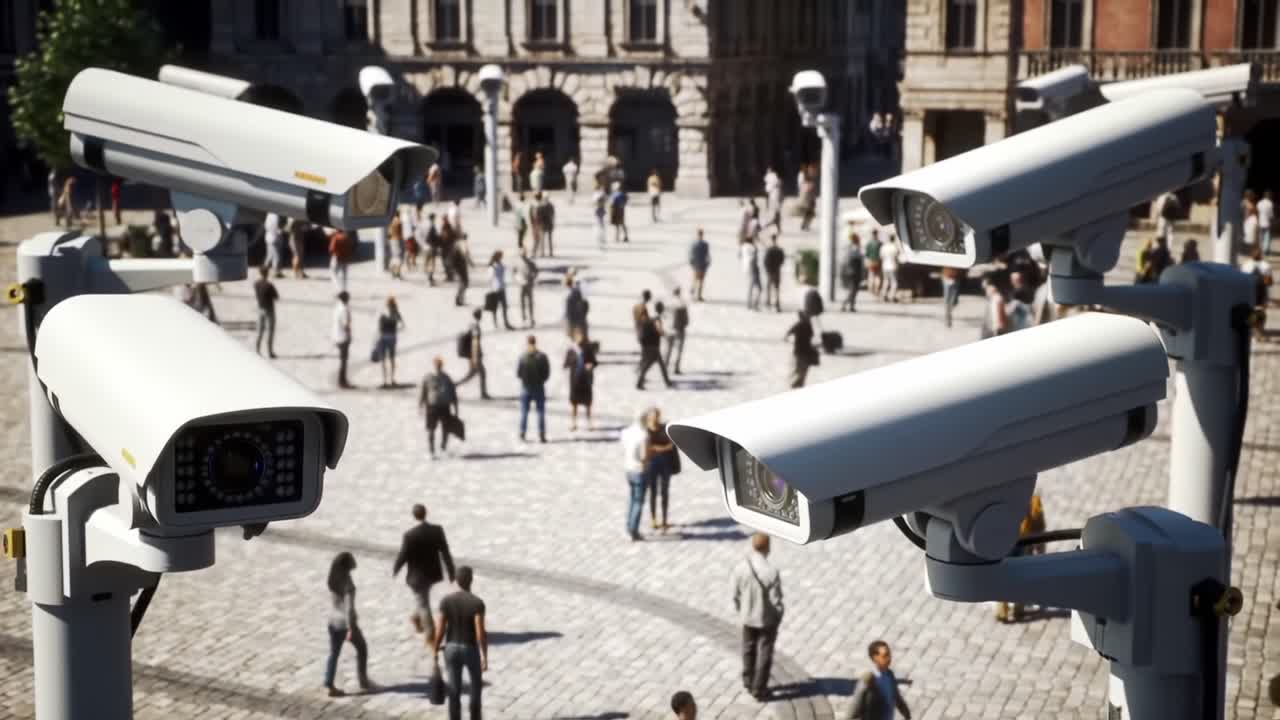 Surveillance in Urban Spaces: A High-Definition View of Security Cameras Overlooking a Bustling Public Square Filled with Pedestrians and Activities