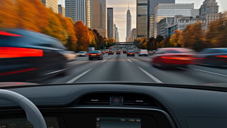 driving on an urban highway with city skyscrapers and autumn foliage