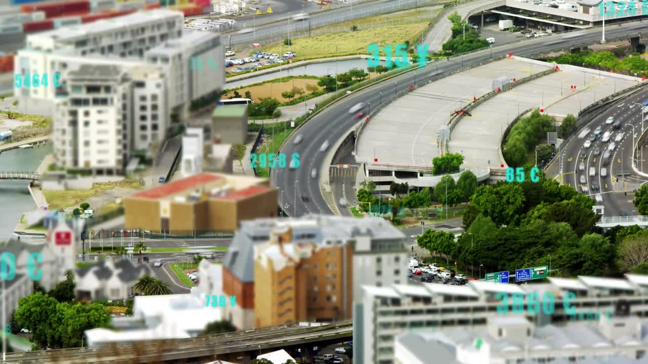 변화하는 숫자 및 통화 기호의 애니메이션, 도시에서 이동하는 차량의 타임 스