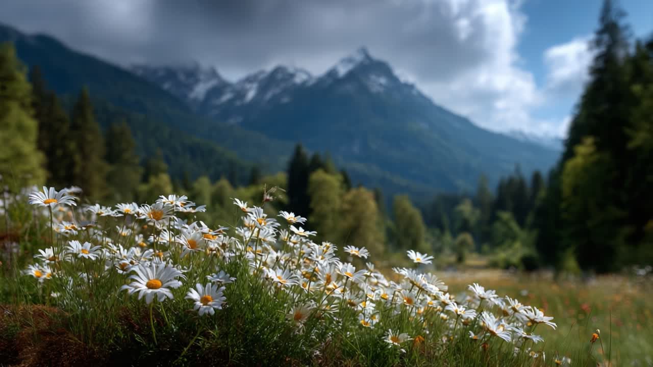 A Scenic Meadow Filled with Daisies Amidst Majestic Mountains Under a Dramatic Sky - A Serene Nature Landscape Captured in Two Frames