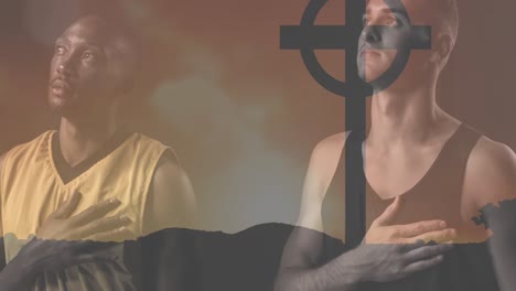 animation of diverse men praying and crucifix at sunset