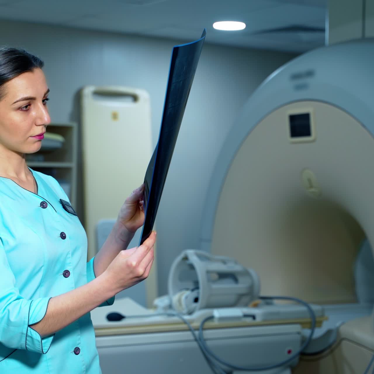 Woman specialist with x-ray photo. Portrait of a female doctor looking at scanning image on the background of MRI machine.