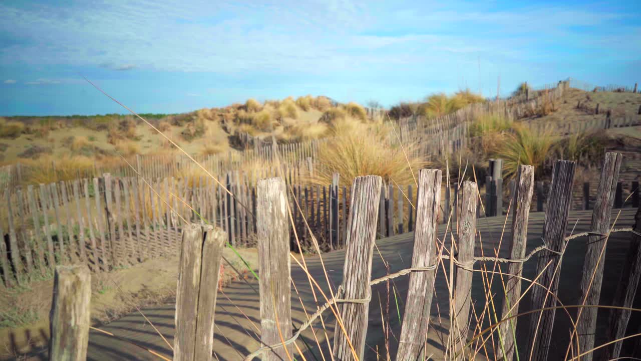 hermosas dunas en la playa en el sur de francia, valla de madera y hierba alta amarilla, destino de vacaciones en un día soleado