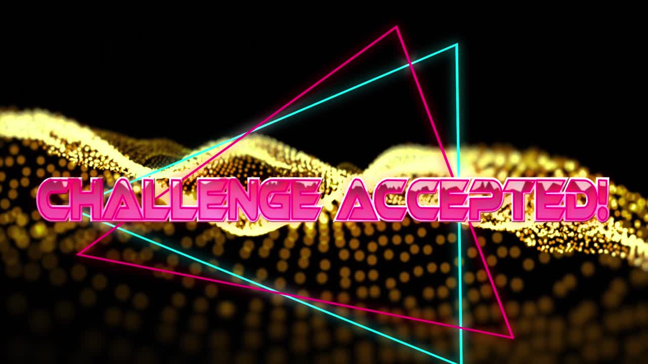 노란색 메쉬 위에 삼각형이 있는 금속색 분홍색 글자로 받아들여진 도전 텍스트의 애니메이션