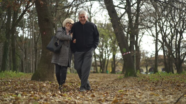 Elderly couple walking in the park during autumn