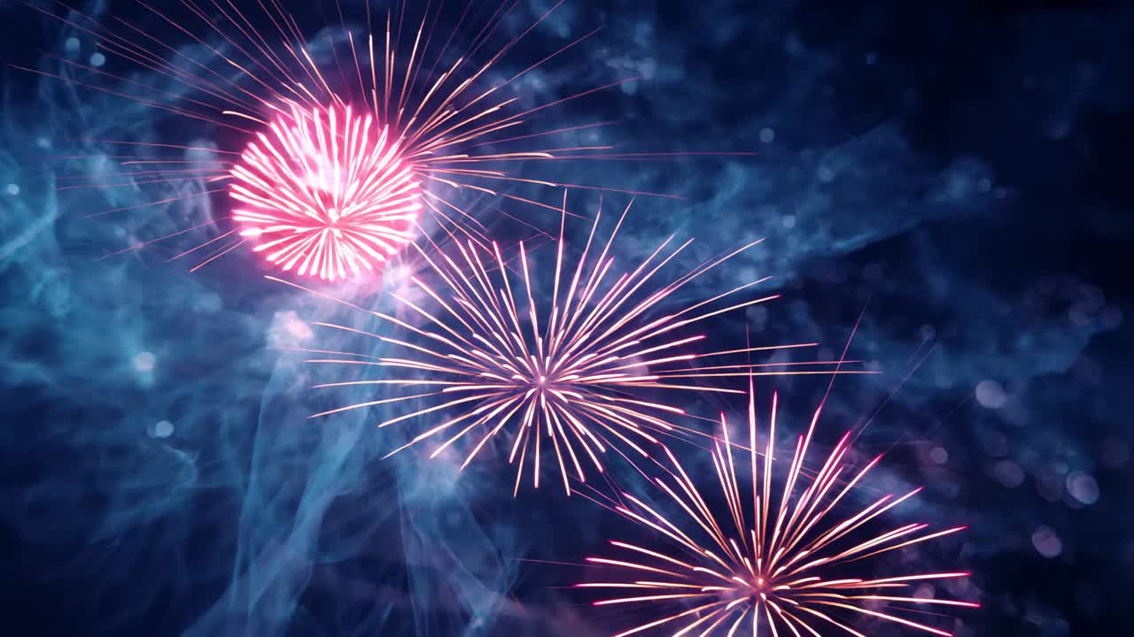 Igniting firework shells ascending into night sky, emitting pink sparks against drifting smoke