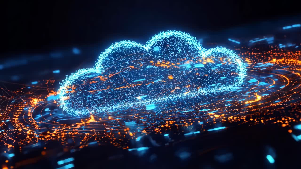A blue cloud with orange highlights is floating in a cityscape. Concept of technology and innovation, as the cloud represents the power of the internet and the potential for limitless possibilities