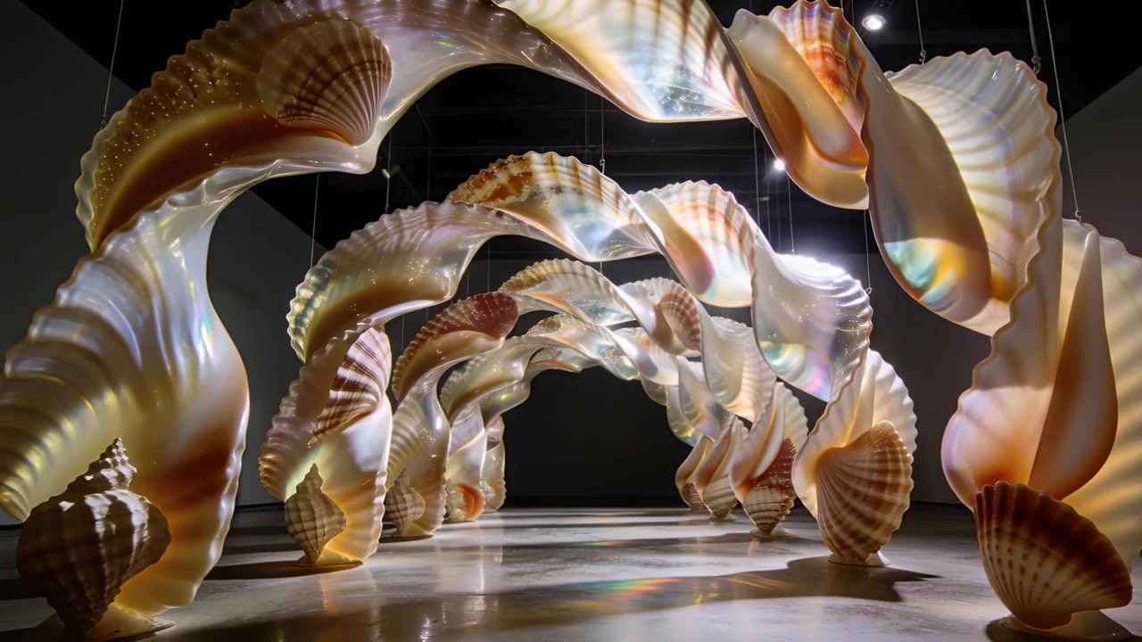 Câmera recuando, revelando arcos suspensos em forma de concha em uma galeria, mostrando reflexos de holofotes.
