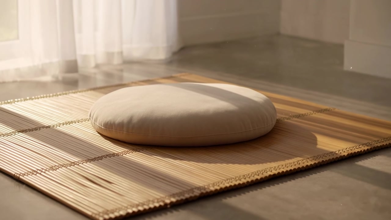 Cuscino da meditazione rotondo a basso profilo posizionato al centro su un tappeto di bambù a coste piegato accanto a un pavimento in cemento lucidato in un angolo interno tranquillo con luce solare soffusa, ombre delicate e toni neutri sereni
