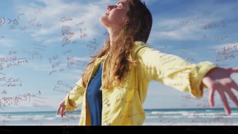 Animation-of-mathematical-equations-over-happy-woman