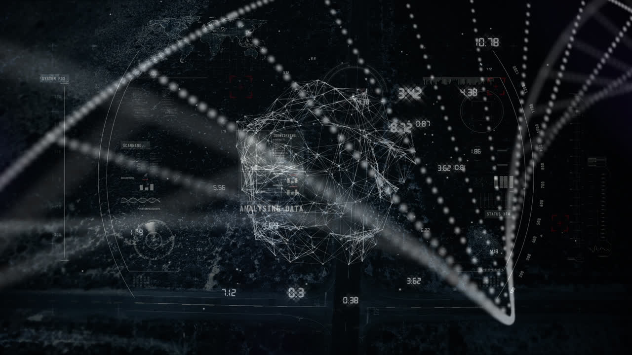 도시 풍경 위의 스 ⁇  스캐닝과 dna 스트랜드의 애니메이션