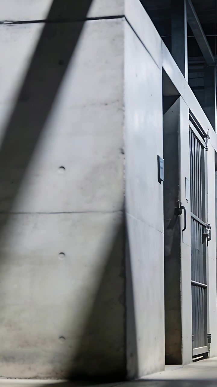 Vídeo vertical: Câmera inclinando para a direita no momento certo, revelando um canto de concreto em um corredor com portão de metal.
