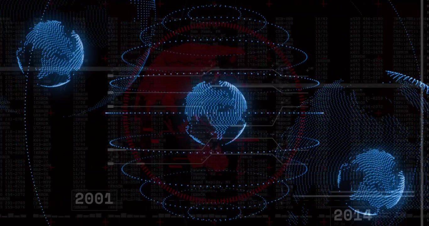 Central holographic 3D globe rotating with concentric rings on dark interface showing code streams