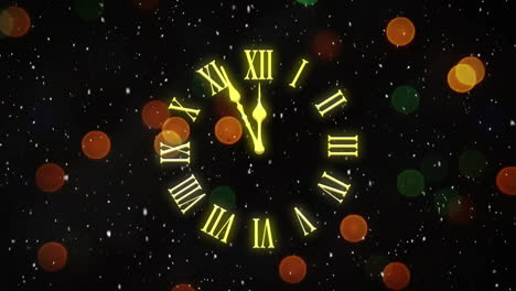 animation of clock showing midnight and snow falling and lights on black background