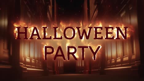 Animation-of-halloween-party-with-flames-over-scary-narrow-corridor